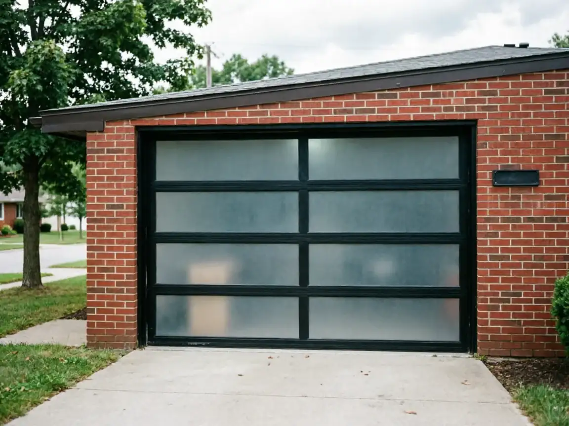 The garage door has frosted glass panels and a black frame on a brick house.