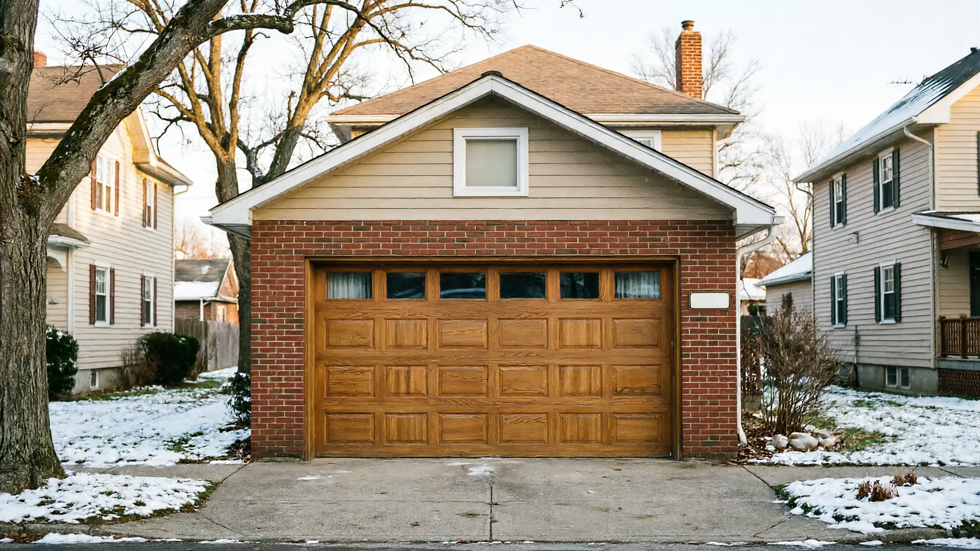 A brown wooden garage door is on a brick garage with a light brown house behind it.