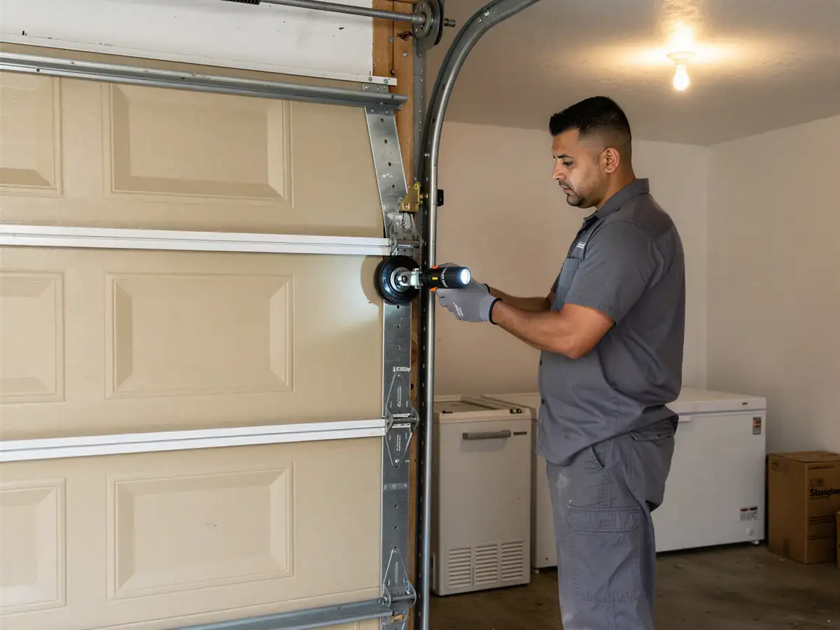 A technician shines a flashlight on a beige garage door track and roller.